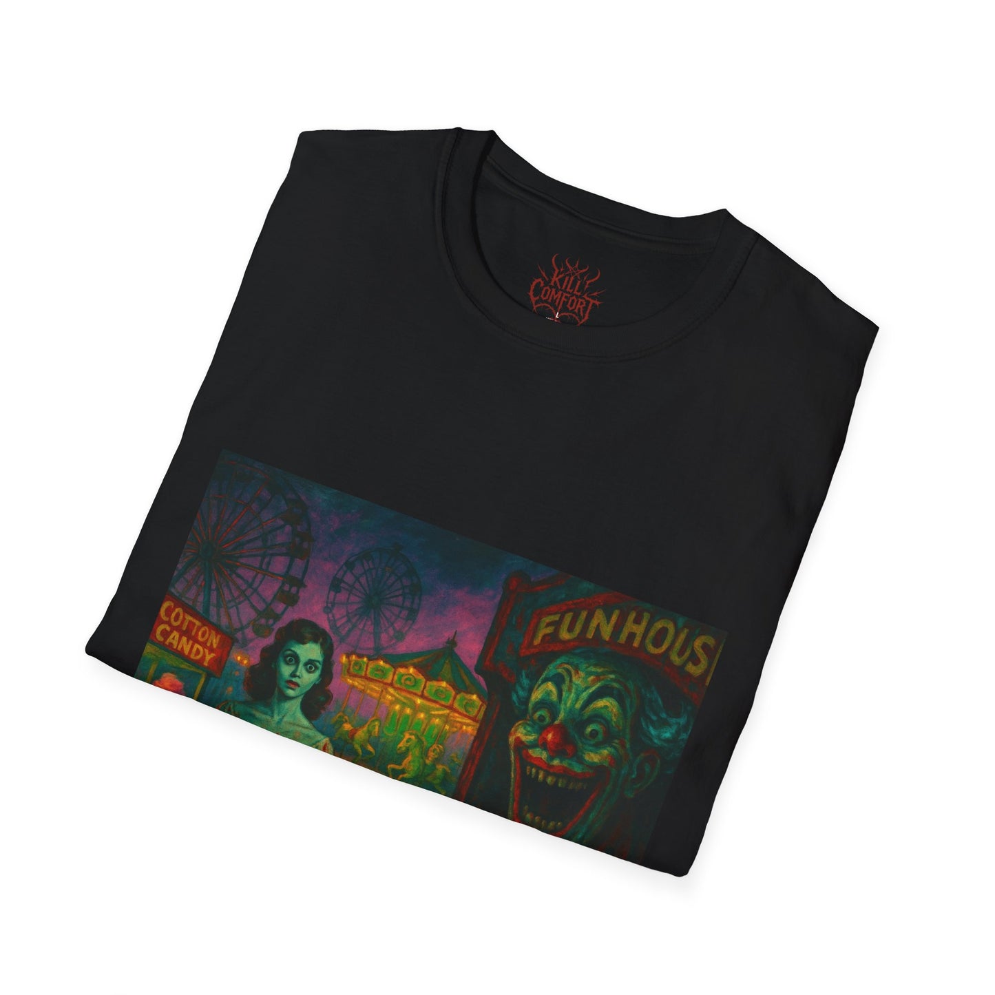 Eerie Funhouse T-Shirt, Unisex Graphic Tee, Halloween Apparel, Spooky Costume, Horror Fan Shirt, Unique Gift Idea