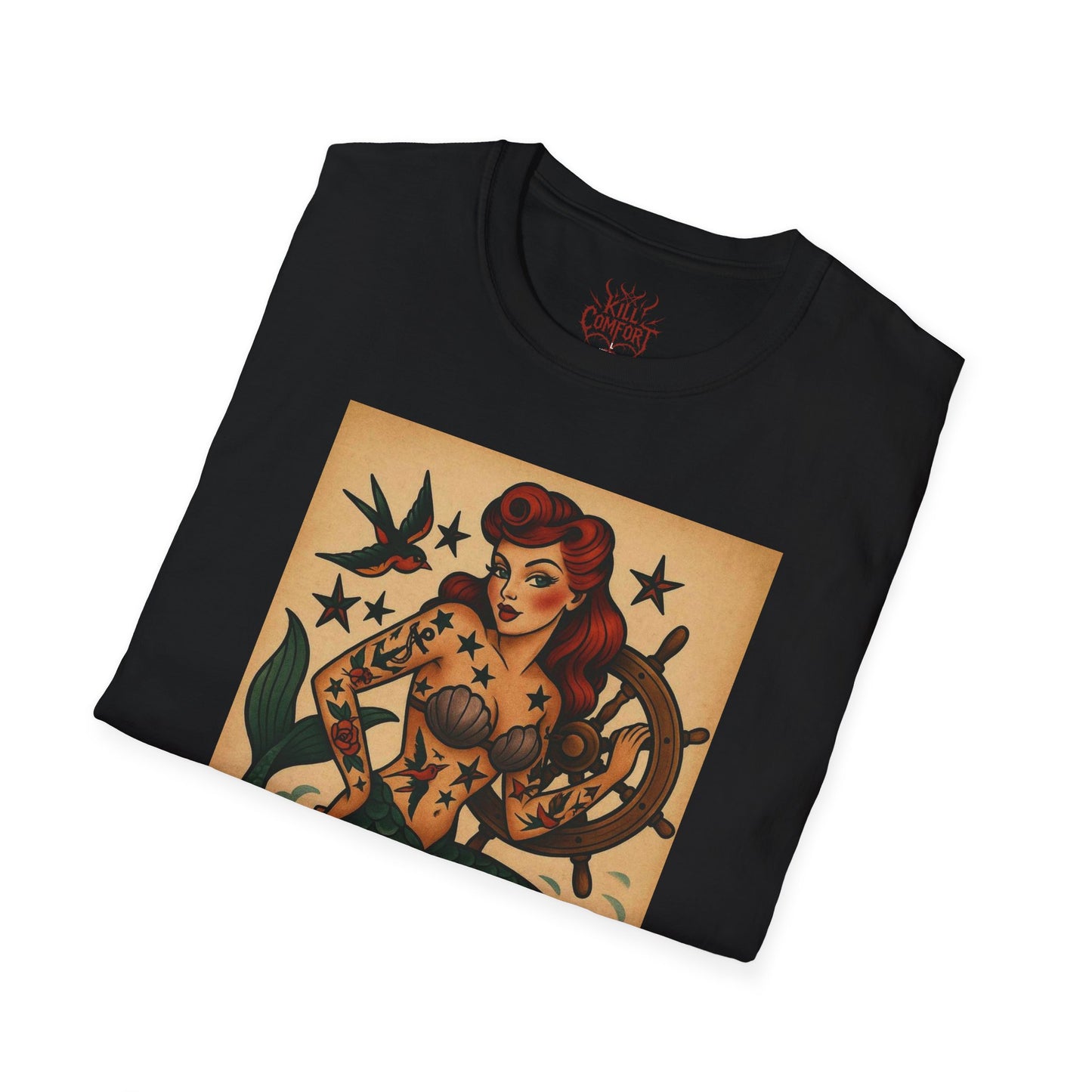 Lost at Sea Tattoo Mermaid Unisex T-Shirt, Nautical Tee, Beach Lover Gift, Ocean-Themed Apparel, Vintage Style Shirt