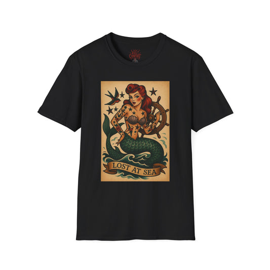 Lost at Sea Tattoo Mermaid Unisex T-Shirt, Nautical Tee, Beach Lover Gift, Ocean-Themed Apparel, Vintage Style Shirt
