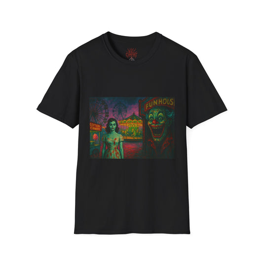Eerie Funhouse T-Shirt, Unisex Graphic Tee, Halloween Apparel, Spooky Costume, Horror Fan Shirt, Unique Gift Idea