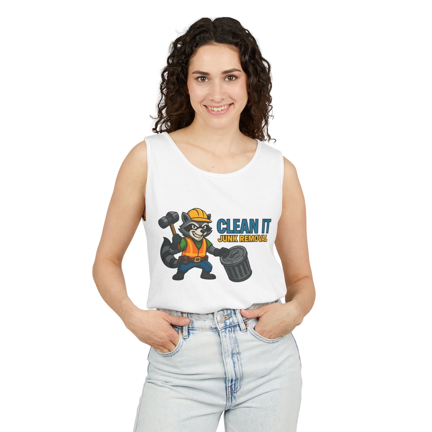 Raccoon Junk Removal Tank Top | Unisex, Funny Graphic Tee, Summer Apparel, Gift for Handyman, Clean It Theme