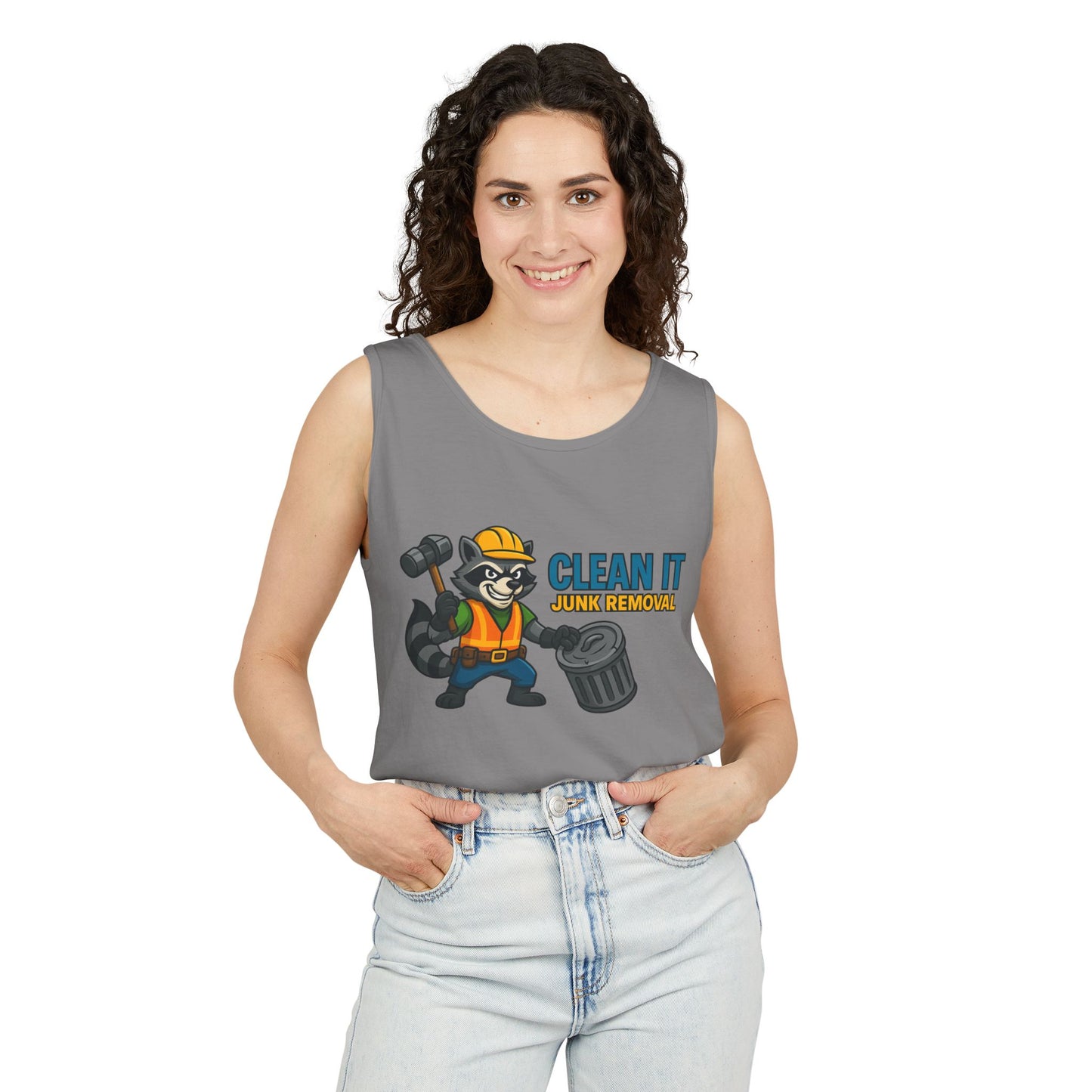 Raccoon Junk Removal Tank Top | Unisex, Funny Graphic Tee, Summer Apparel, Gift for Handyman, Clean It Theme