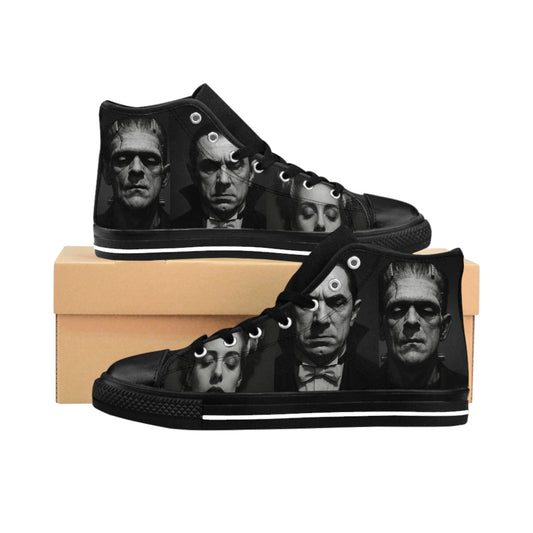 Unique Horror-Themed High-Top Sneakers, Gothic Footwear, Frankenstein Print Shoes, Statement Sneakers for Halloween, Unisex Classic Sneakers