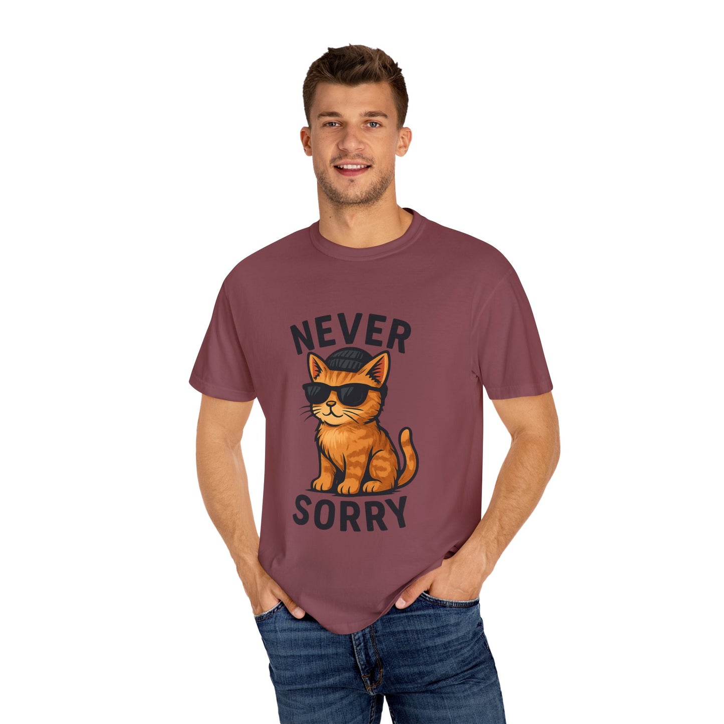 Cool Cat Never Sorry T-shirt, Funny Graphic Tee, Cat Lover Gift, Unisex Apparel, Relaxed Fit Shirt, Casual Wear