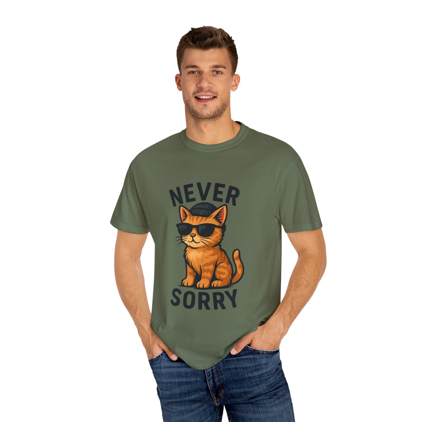 Cool Cat Never Sorry T-shirt, Funny Graphic Tee, Cat Lover Gift, Unisex Apparel, Relaxed Fit Shirt, Casual Wear