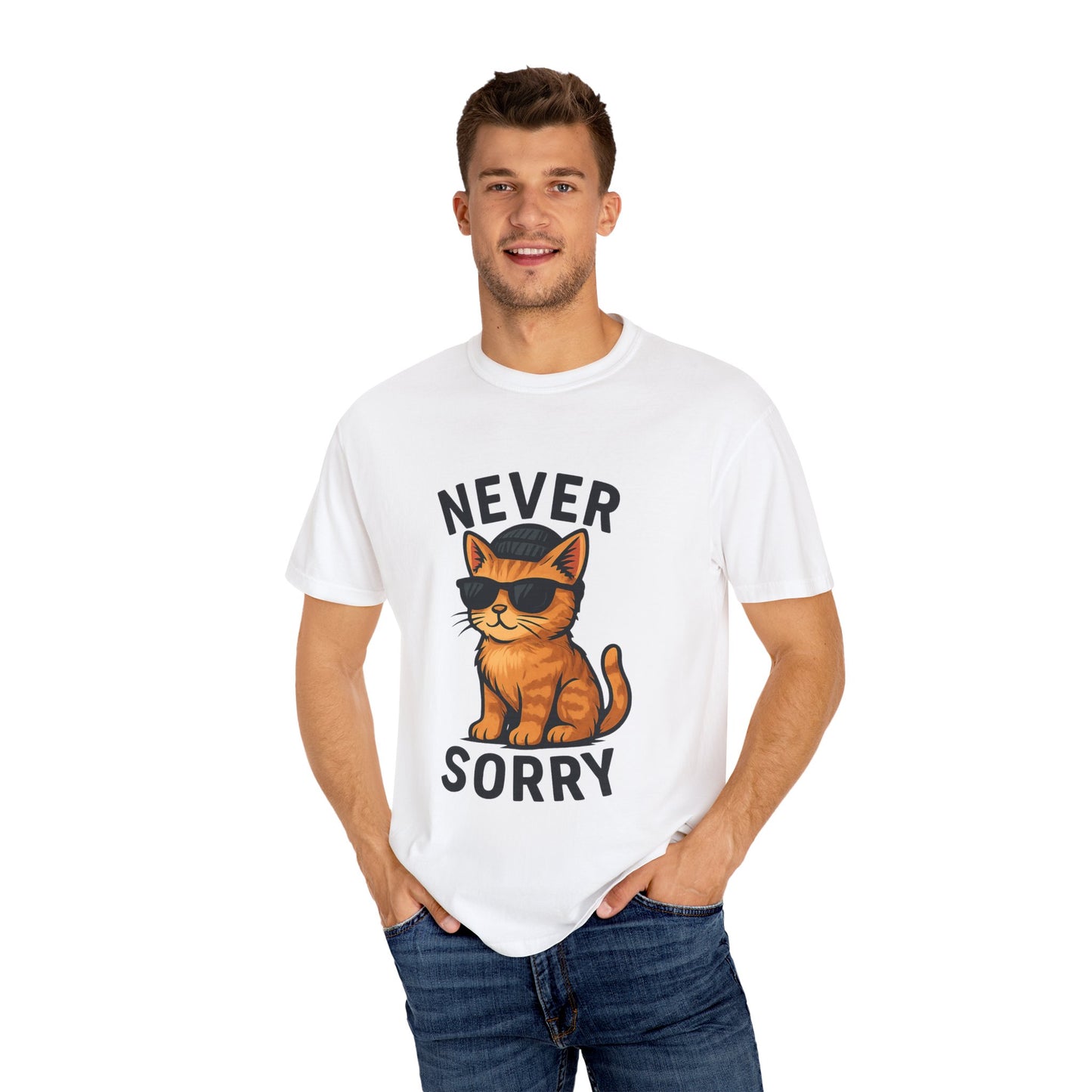 Cool Cat Never Sorry T-shirt, Funny Graphic Tee, Cat Lover Gift, Unisex Apparel, Relaxed Fit Shirt, Casual Wear