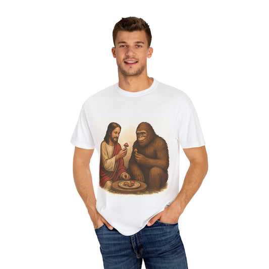 Jesus and Bigfoot Unisex T-shirt, Funny Tee, Quirky Gift, Pop Culture Apparel, Humor Top, Unique Fashion Piece