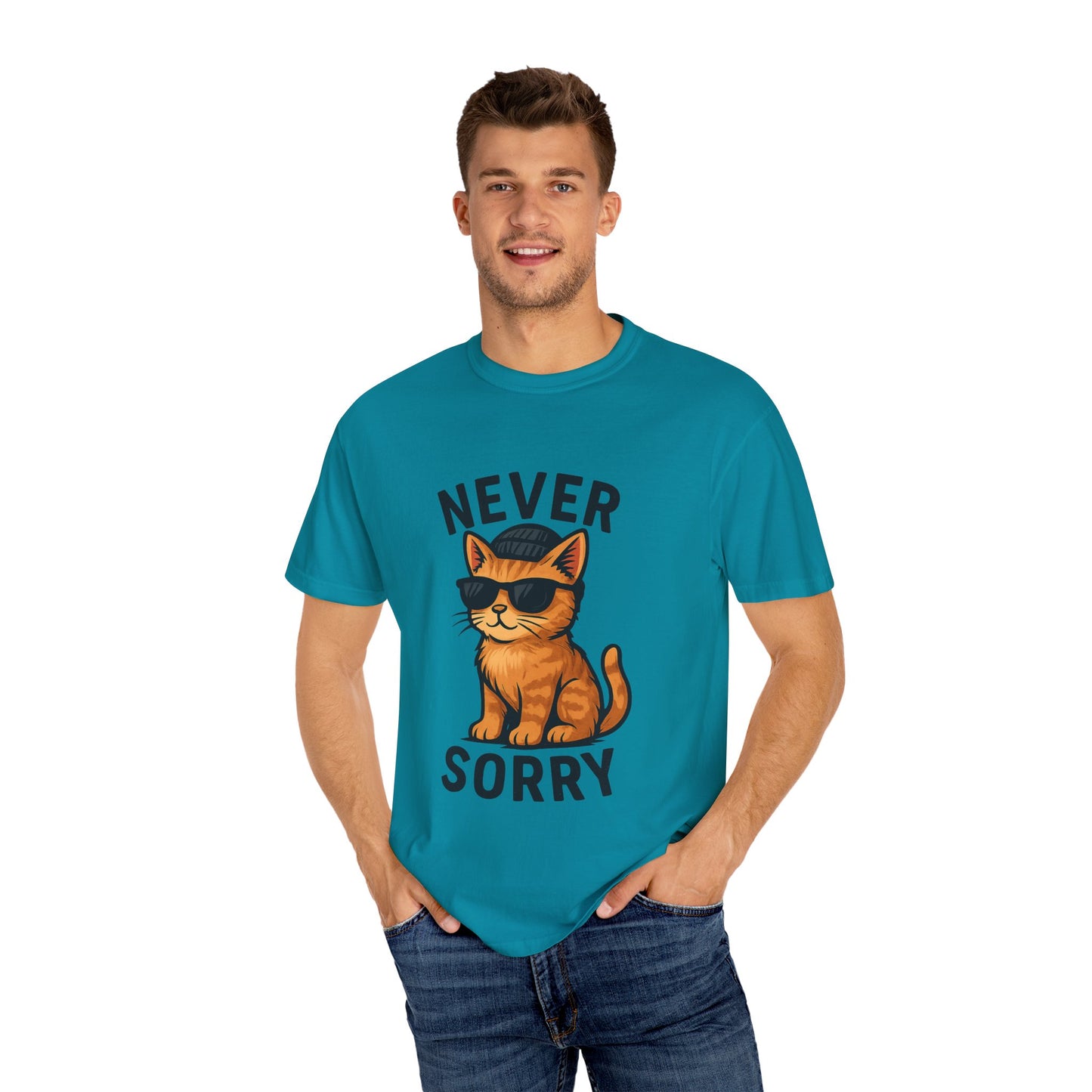 Cool Cat Never Sorry T-shirt, Funny Graphic Tee, Cat Lover Gift, Unisex Apparel, Relaxed Fit Shirt, Casual Wear